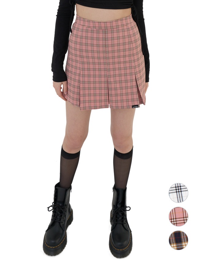 Check Pleats Mini Skirt [White/Pink/Navy]